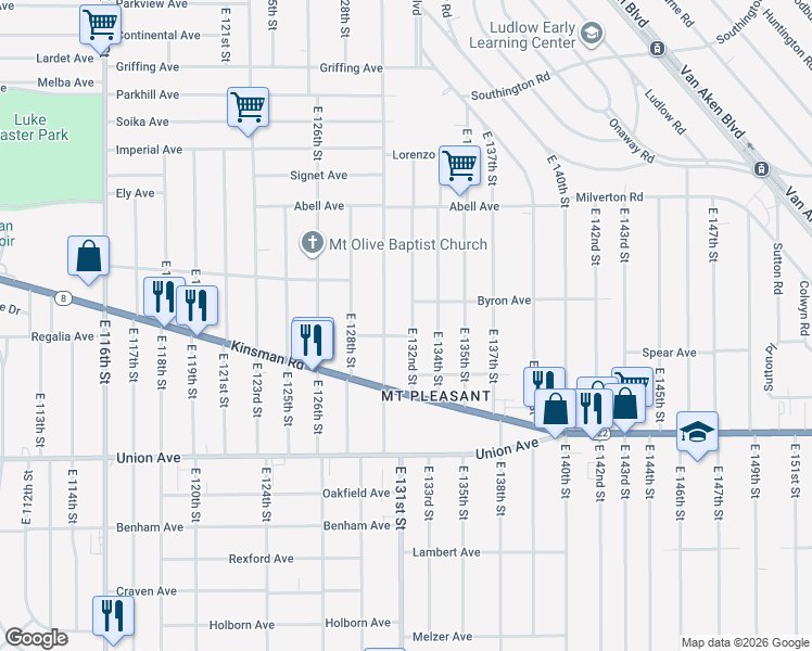 map of restaurants, bars, coffee shops, grocery stores, and more near 3362 East 132nd Street in Cleveland
