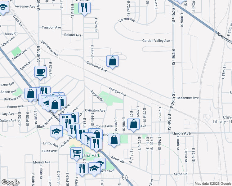 map of restaurants, bars, coffee shops, grocery stores, and more near 6826 Morgan Avenue in Cleveland