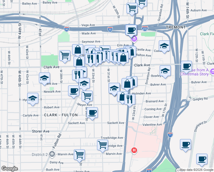 map of restaurants, bars, coffee shops, grocery stores, and more near 3180 West 31st Street in Cleveland