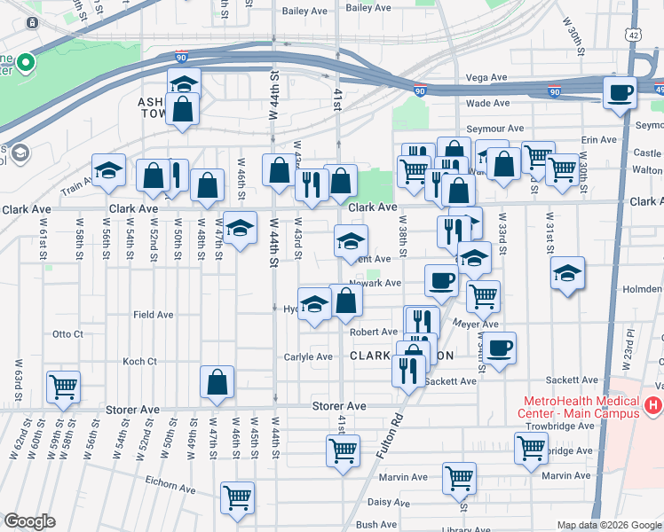 map of restaurants, bars, coffee shops, grocery stores, and more near 3182 West 41st Street in Cleveland