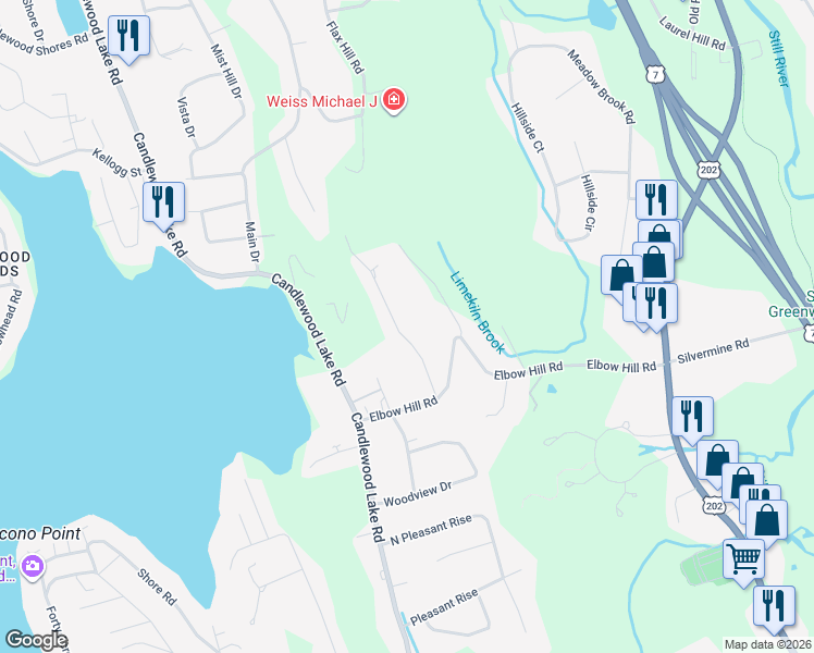 map of restaurants, bars, coffee shops, grocery stores, and more near 5 South Mountain Road in Brookfield