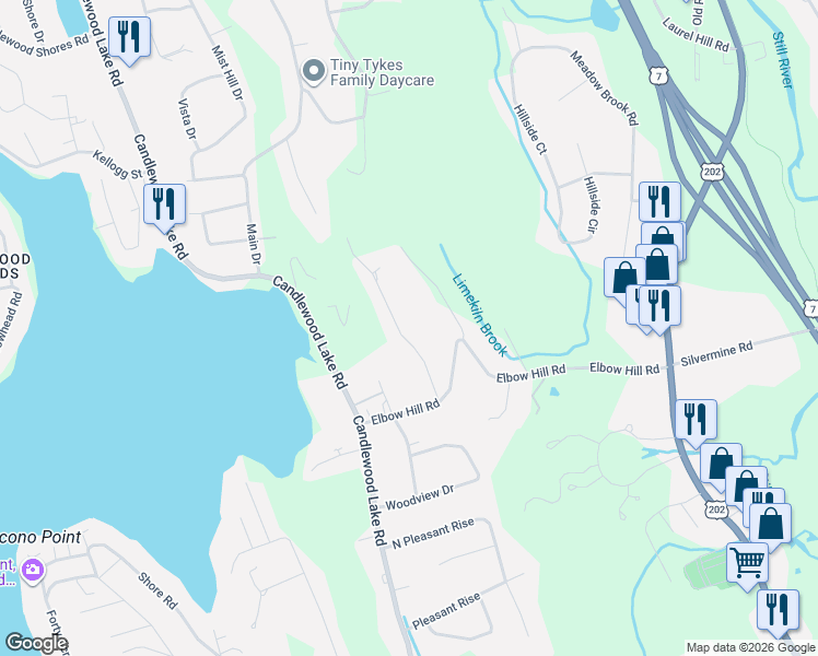 map of restaurants, bars, coffee shops, grocery stores, and more near 5 South Mountain Road in Brookfield