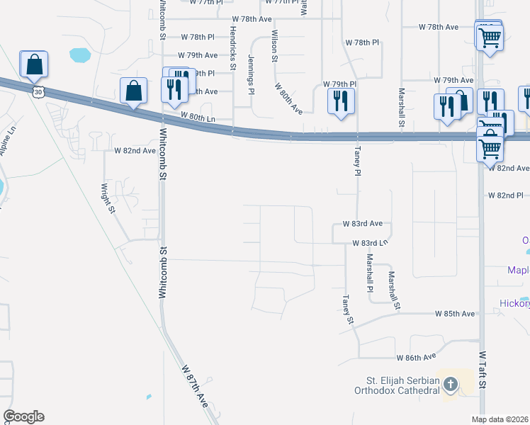 map of restaurants, bars, coffee shops, grocery stores, and more near 3708 Lincoln Street in Merrillville