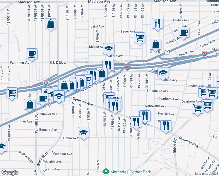 map of restaurants, bars, coffee shops, grocery stores, and more near 3160 West 94th Street in Cleveland