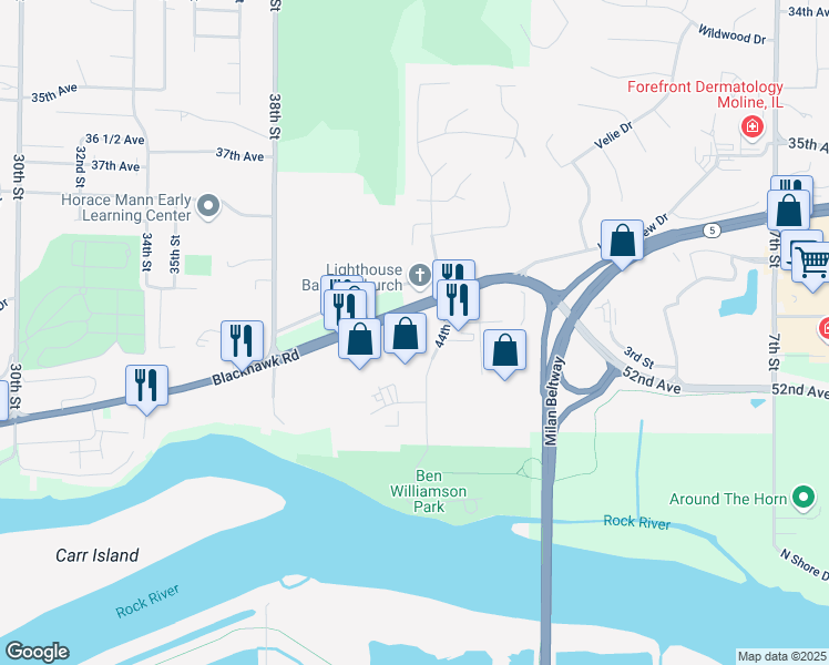 map of restaurants, bars, coffee shops, grocery stores, and more near 47th Avenue Court in Rock Island