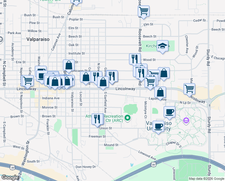 map of restaurants, bars, coffee shops, grocery stores, and more near 807 Laporte Avenue in Valparaiso