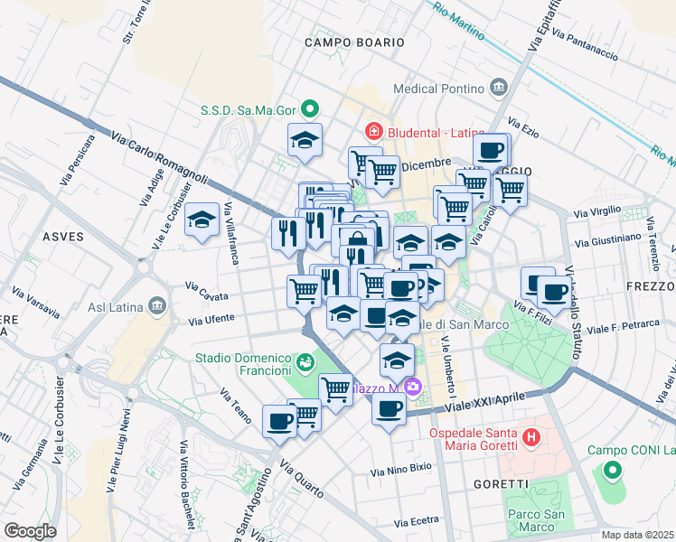 map of restaurants, bars, coffee shops, grocery stores, and more near in Latina
