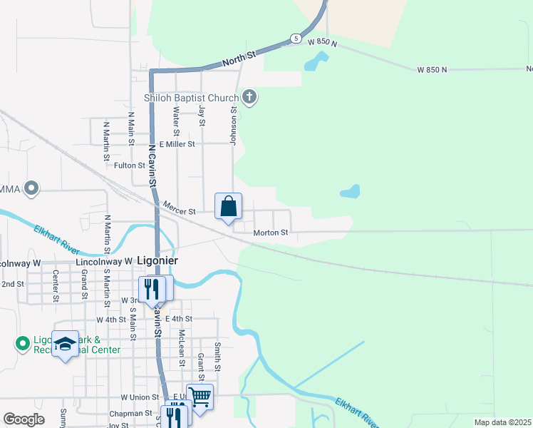 map of restaurants, bars, coffee shops, grocery stores, and more near 513 Mercer Street in Ligonier