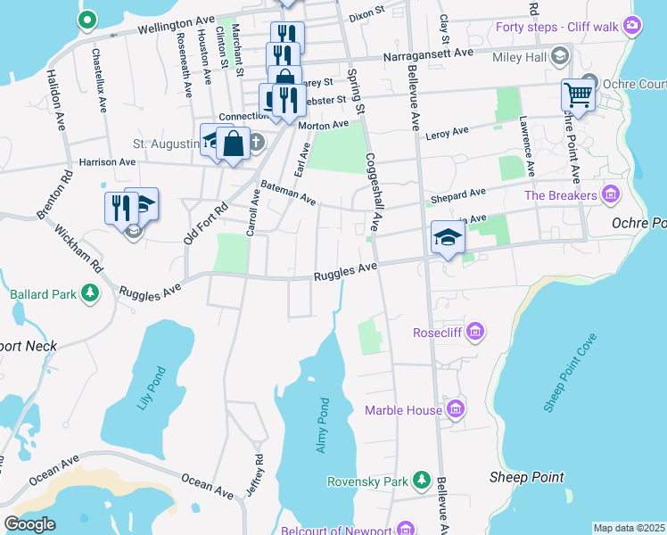 map of restaurants, bars, coffee shops, grocery stores, and more near 132 Ruggles Avenue in Newport