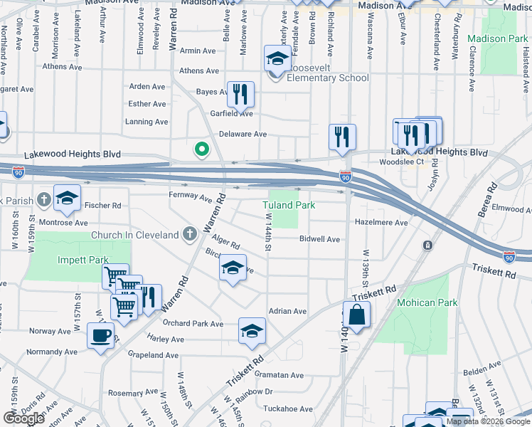 map of restaurants, bars, coffee shops, grocery stores, and more near 14416 Broxton Avenue in Cleveland