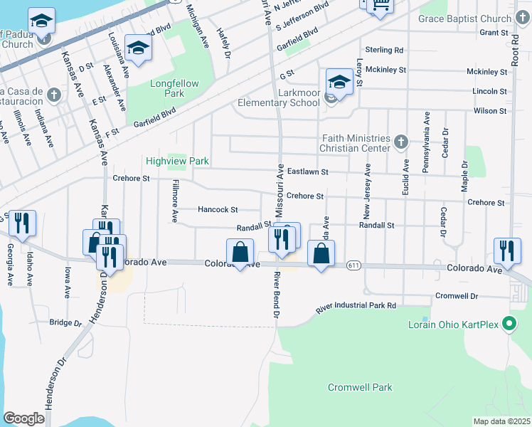 map of restaurants, bars, coffee shops, grocery stores, and more near 1523 Paine Street in Lorain