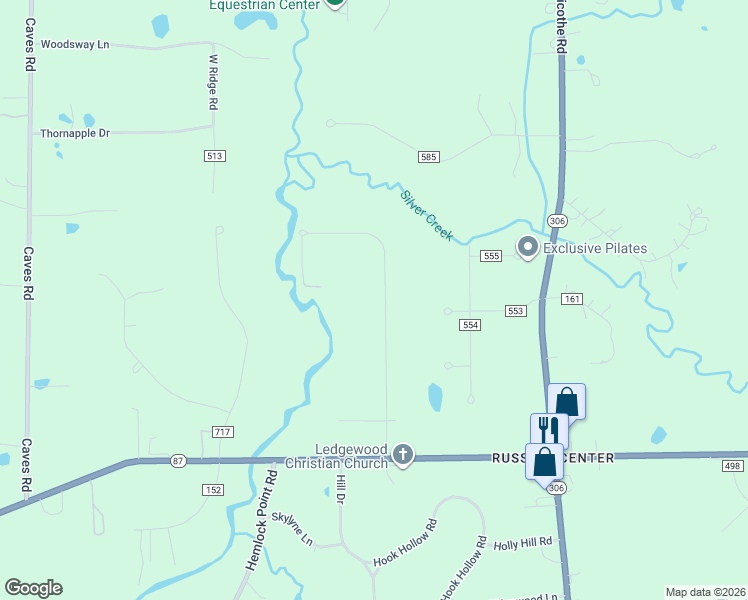 map of restaurants, bars, coffee shops, grocery stores, and more near 14710 Russell Lane in Geauga County