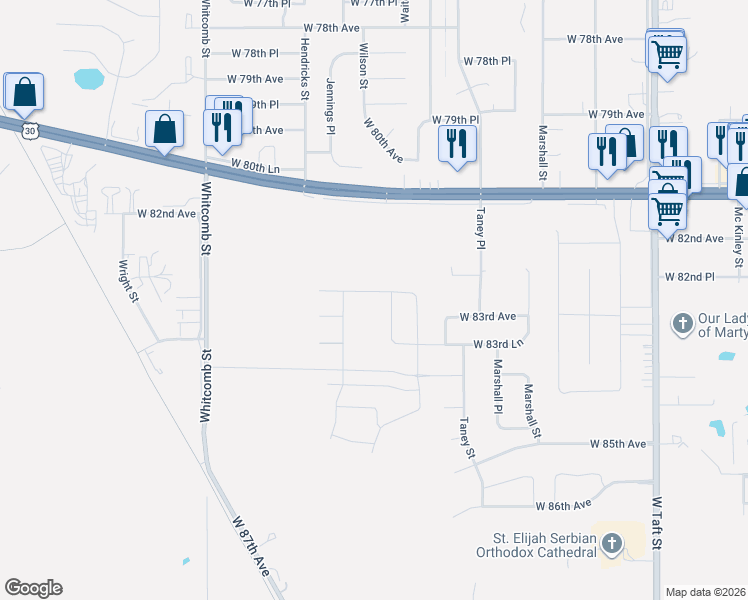 map of restaurants, bars, coffee shops, grocery stores, and more near 3708 Lincoln Street in Merrillville