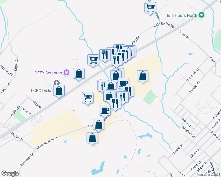map of restaurants, bars, coffee shops, grocery stores, and more near 1140 Commerce Boulevard in Dickson City