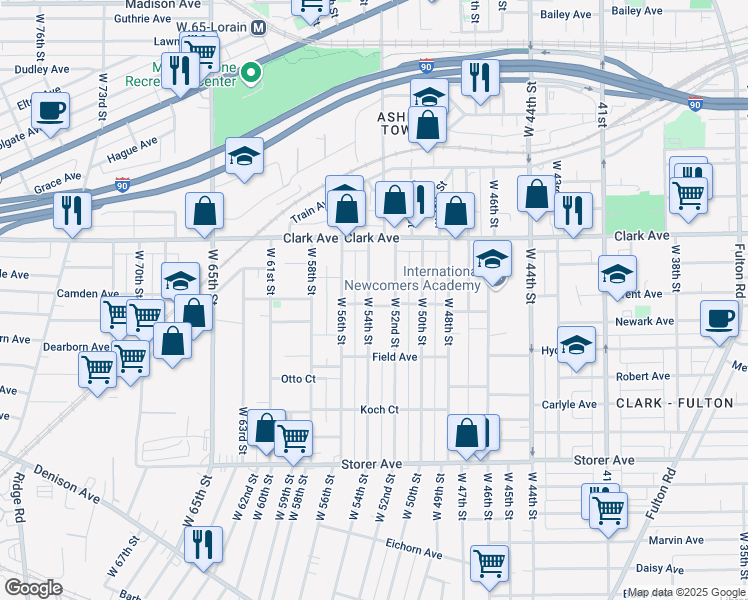map of restaurants, bars, coffee shops, grocery stores, and more near 3173 West 54th Street in Cleveland