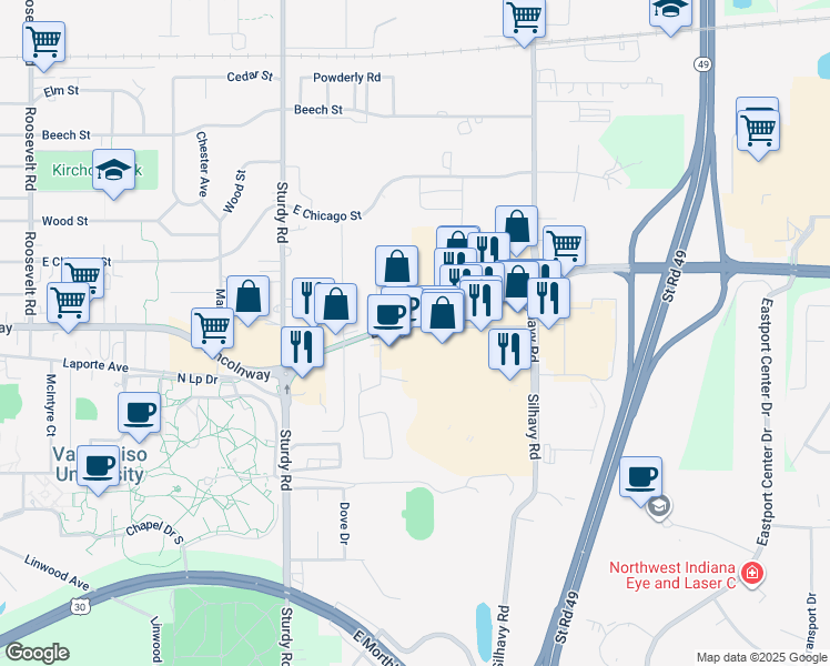 map of restaurants, bars, coffee shops, grocery stores, and more near 2320 Laporte Avenue in Valparaiso
