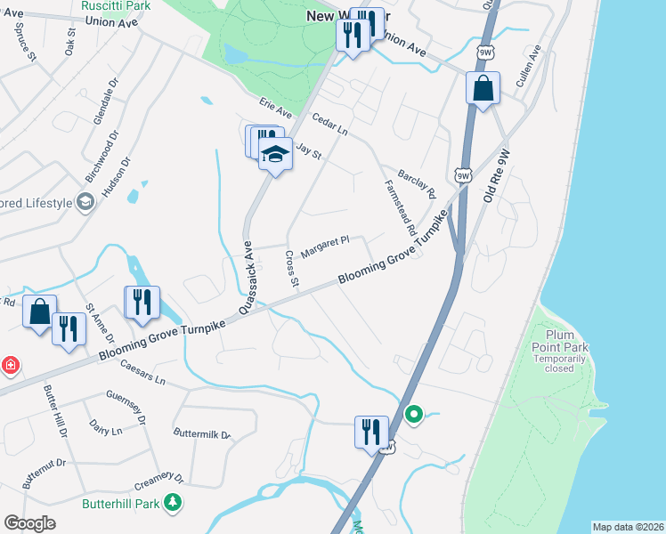 map of restaurants, bars, coffee shops, grocery stores, and more near 80 Blooming Grove Turnpike in New Windsor
