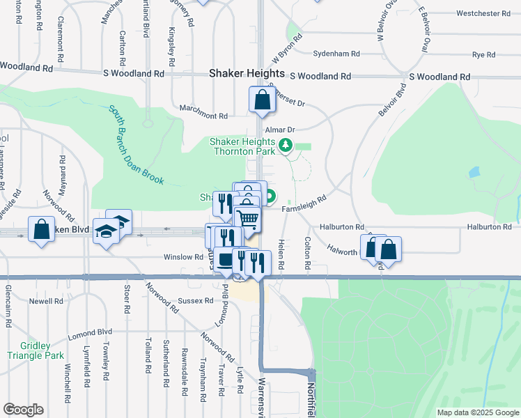 map of restaurants, bars, coffee shops, grocery stores, and more near Warrensville Center Rd & Farnsleigh Rd in Shaker Heights