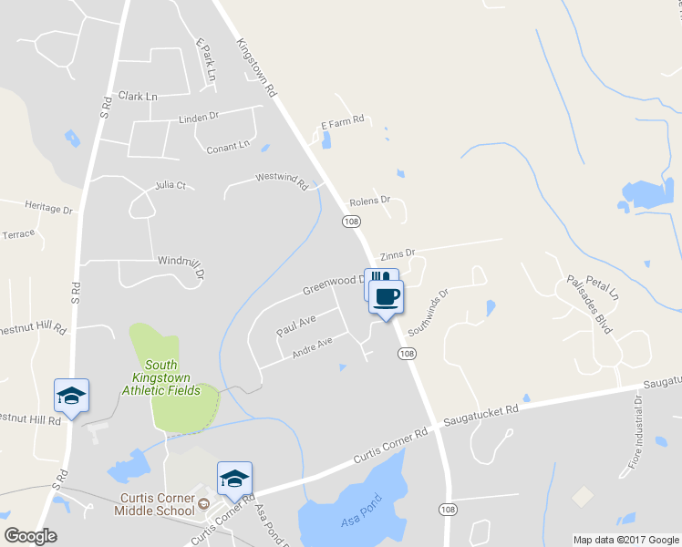 map of restaurants, bars, coffee shops, grocery stores, and more near 43 Greenwood Drive in South Kingstown