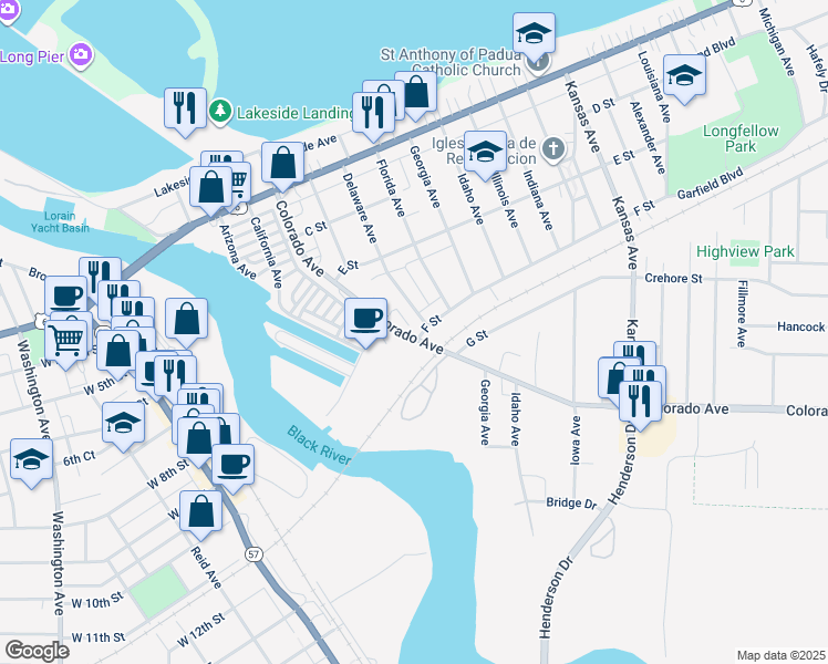 map of restaurants, bars, coffee shops, grocery stores, and more near 477 Colorado Avenue in Lorain