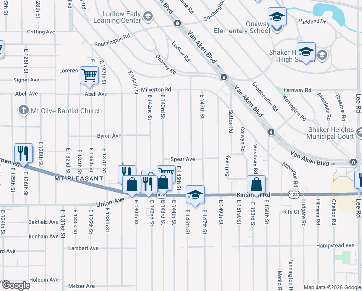 map of restaurants, bars, coffee shops, grocery stores, and more near 3379 East 145th Street in Cleveland