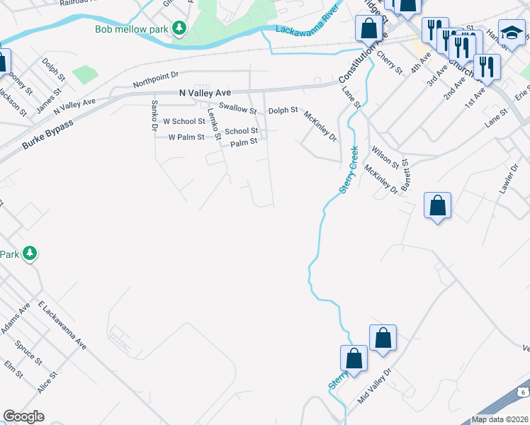 map of restaurants, bars, coffee shops, grocery stores, and more near 102 Tudy Ln in Olyphant