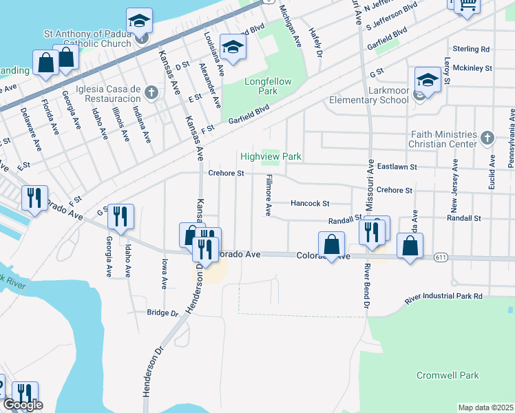 map of restaurants, bars, coffee shops, grocery stores, and more near 1551 Maryland Avenue in Lorain