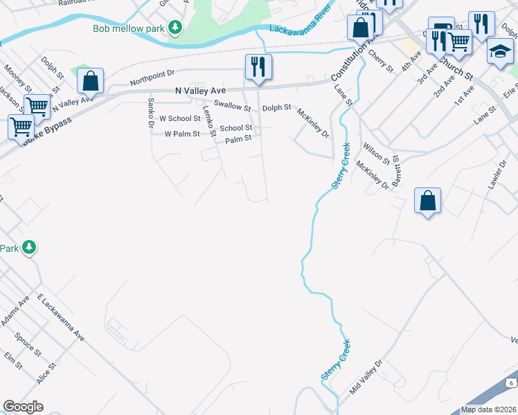map of restaurants, bars, coffee shops, grocery stores, and more near 102 Tudy Ln in Olyphant
