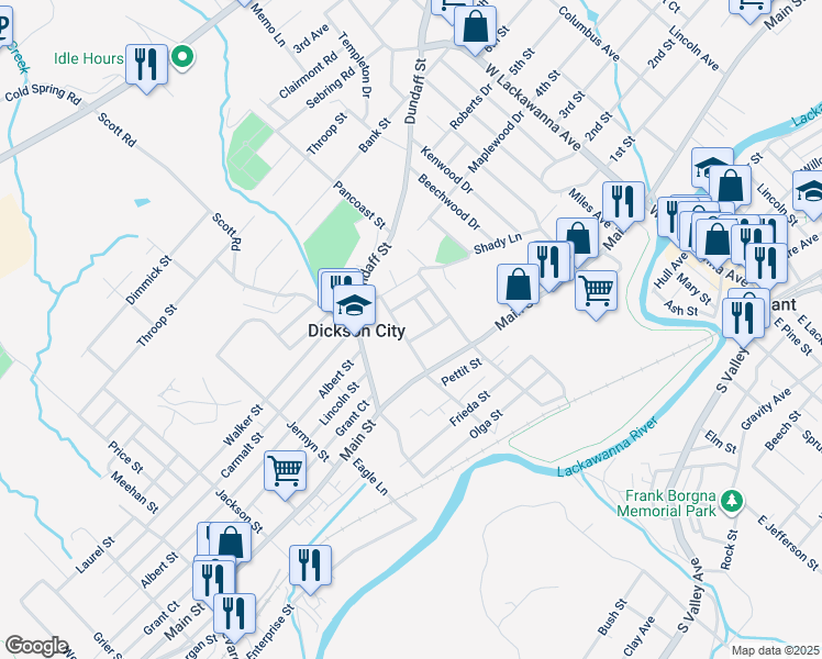 map of restaurants, bars, coffee shops, grocery stores, and more near 1207 Harriet St in Dickson City