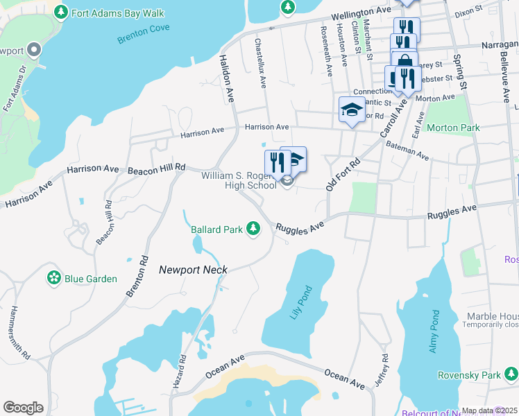 map of restaurants, bars, coffee shops, grocery stores, and more near 41 Hazard Road in Newport