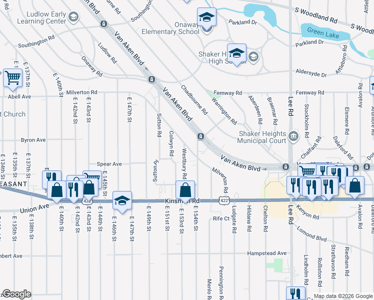 map of restaurants, bars, coffee shops, grocery stores, and more near 3386 Westbury Road in Shaker Heights