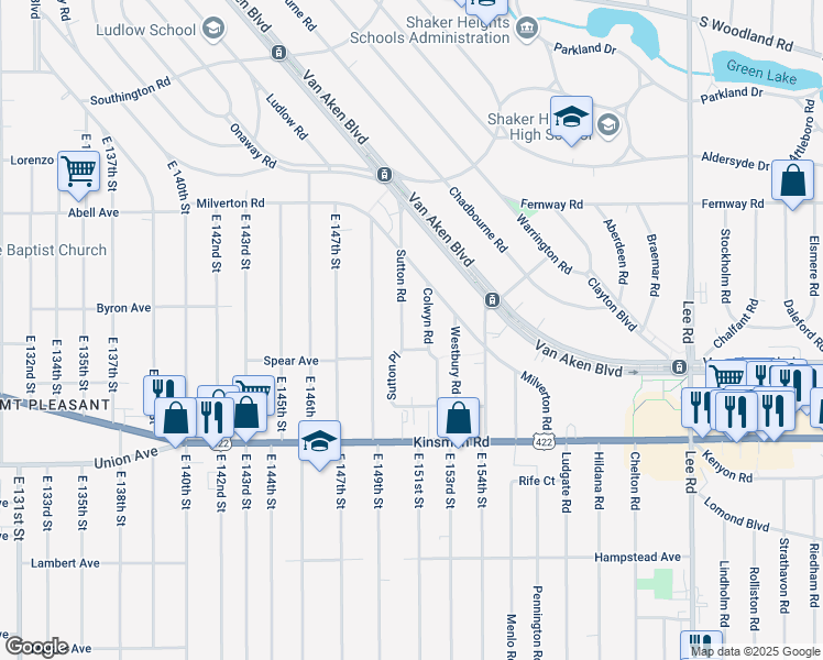 map of restaurants, bars, coffee shops, grocery stores, and more near 3383 Sutton Road in Shaker Heights