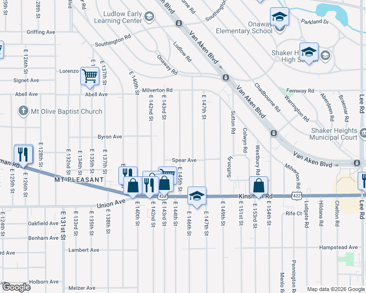 map of restaurants, bars, coffee shops, grocery stores, and more near 3379 East 145th Street in Cleveland
