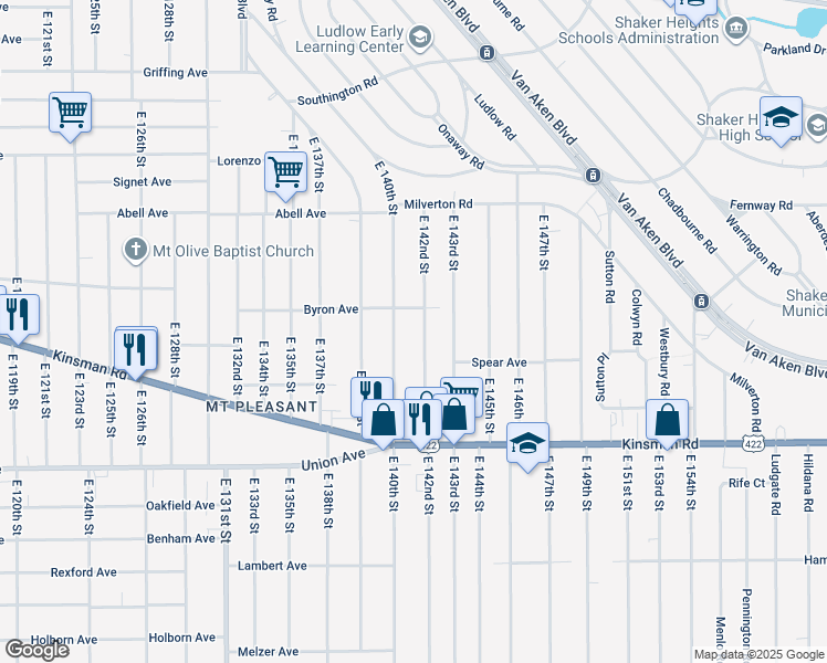 map of restaurants, bars, coffee shops, grocery stores, and more near 3383 East 142nd Street in Cleveland