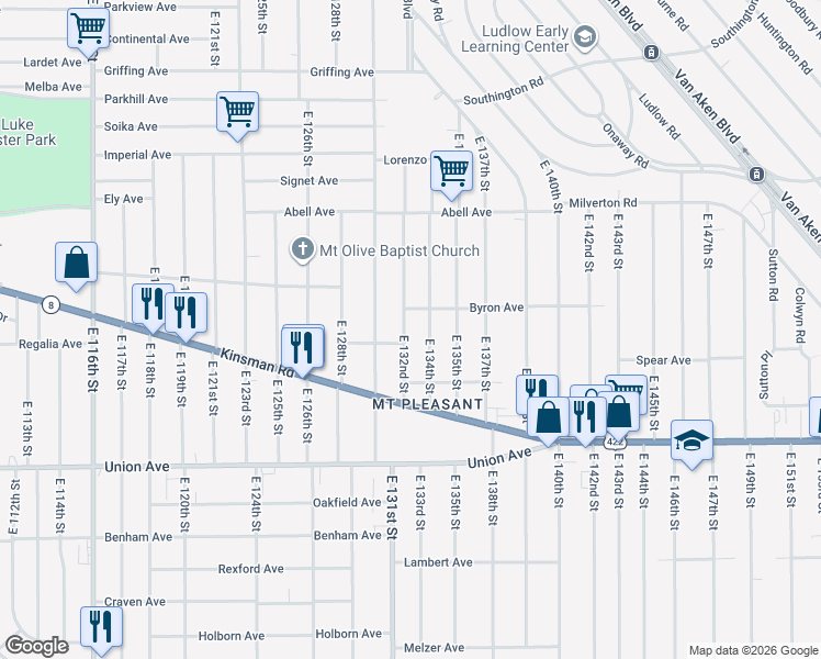 map of restaurants, bars, coffee shops, grocery stores, and more near 3362 East 132nd Street in Cleveland