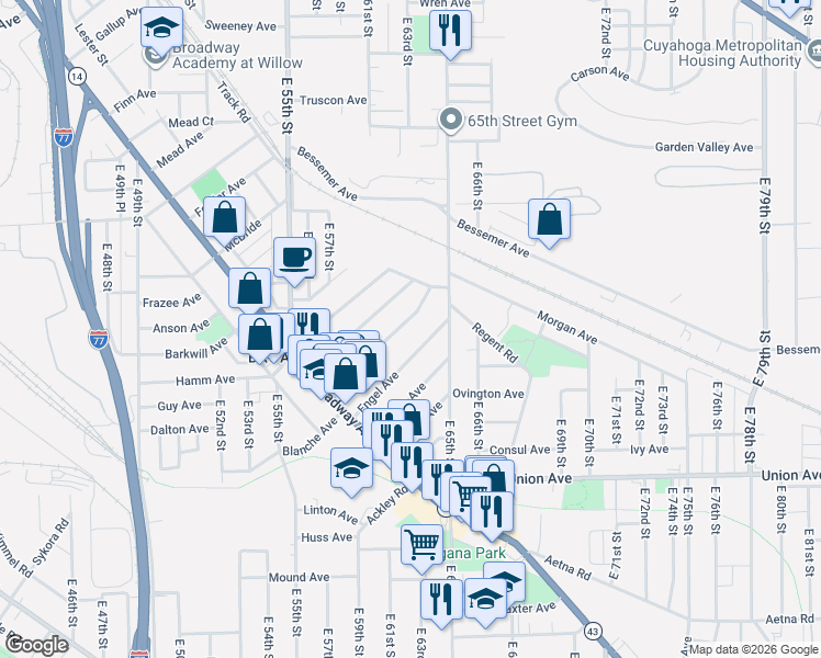 map of restaurants, bars, coffee shops, grocery stores, and more near 6003 Engel Avenue in Cleveland