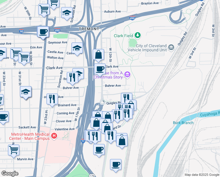 map of restaurants, bars, coffee shops, grocery stores, and more near 1288 Holmden Avenue in Cleveland