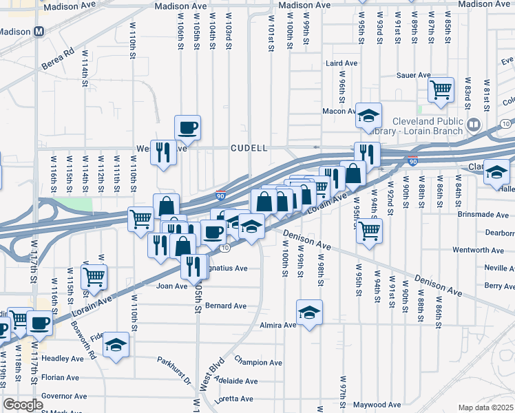 map of restaurants, bars, coffee shops, grocery stores, and more near 3126 West 101st Street in Cleveland