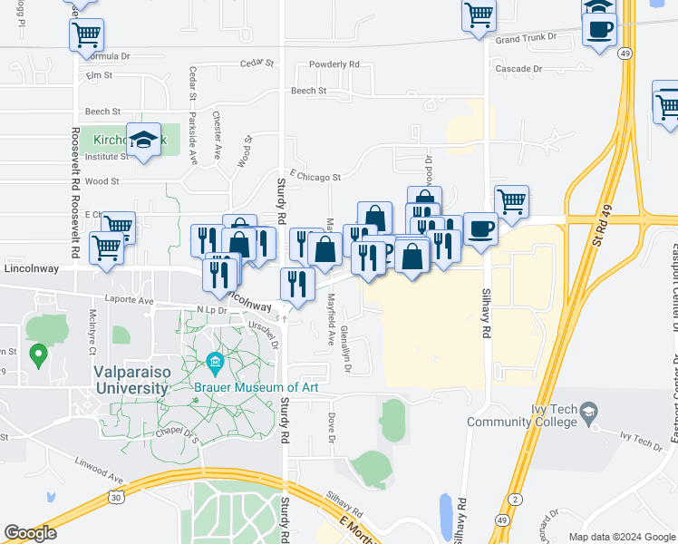map of restaurants, bars, coffee shops, grocery stores, and more near 2109 Laporte Avenue in Valparaiso