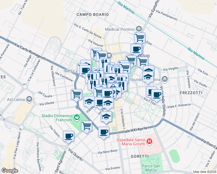 map of restaurants, bars, coffee shops, grocery stores, and more near 4 Piazza del Popolo in Latina