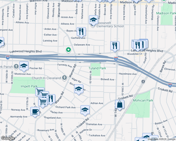 map of restaurants, bars, coffee shops, grocery stores, and more near 14416 Broxton Avenue in Cleveland