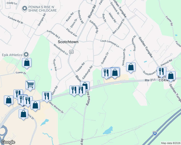 map of restaurants, bars, coffee shops, grocery stores, and more near 20 Edinburgh Road in Middletown