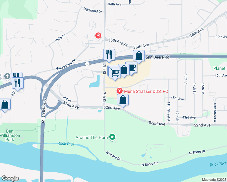map of restaurants, bars, coffee shops, grocery stores, and more near 4324 7th Street in Moline