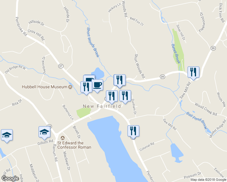 map of restaurants, bars, coffee shops, grocery stores, and more near 28 Old State Highway 39 in New Fairfield