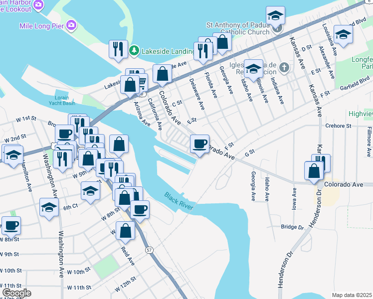 map of restaurants, bars, coffee shops, grocery stores, and more near 375 California Avenue in Lorain