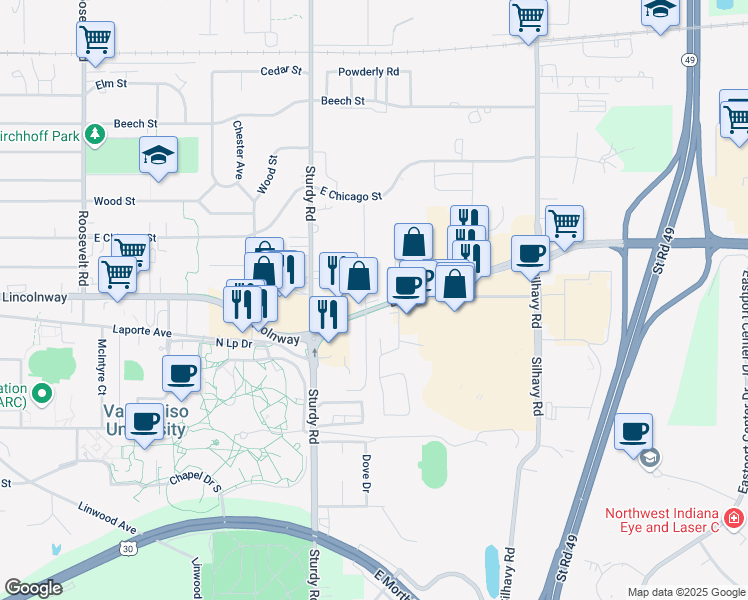 map of restaurants, bars, coffee shops, grocery stores, and more near 2109 Laporte Avenue in Valparaiso