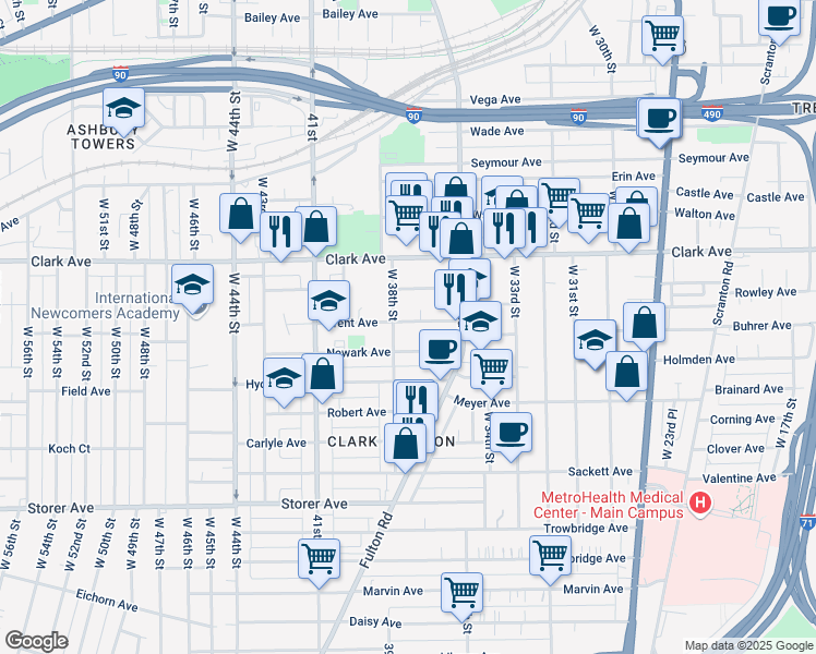 map of restaurants, bars, coffee shops, grocery stores, and more near 3615 Trent Avenue in Cleveland
