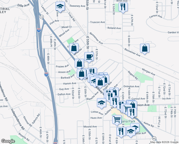 map of restaurants, bars, coffee shops, grocery stores, and more near in Cleveland