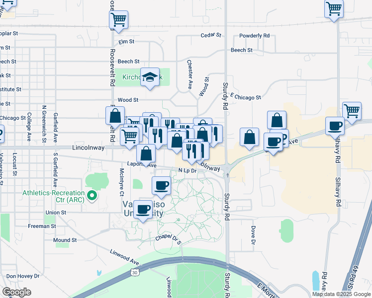 map of restaurants, bars, coffee shops, grocery stores, and more near 1610 East Lincolnway in Valparaiso