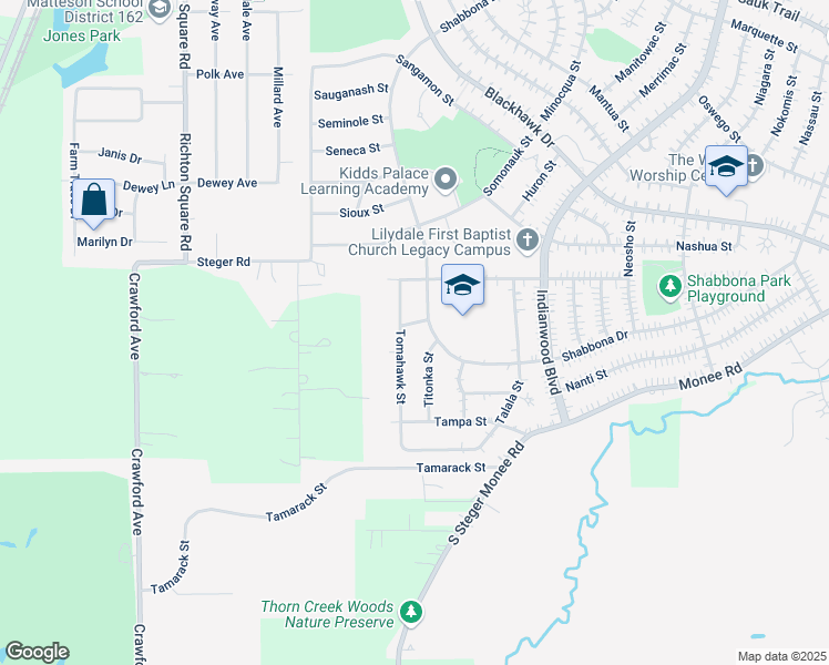 map of restaurants, bars, coffee shops, grocery stores, and more near 301 Tioga Street in Park Forest